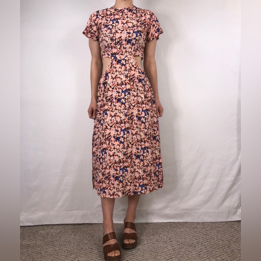 Rue Stiic Floral Cut Out Short Sleeve Midi Dress Pink Blue Size‎ M